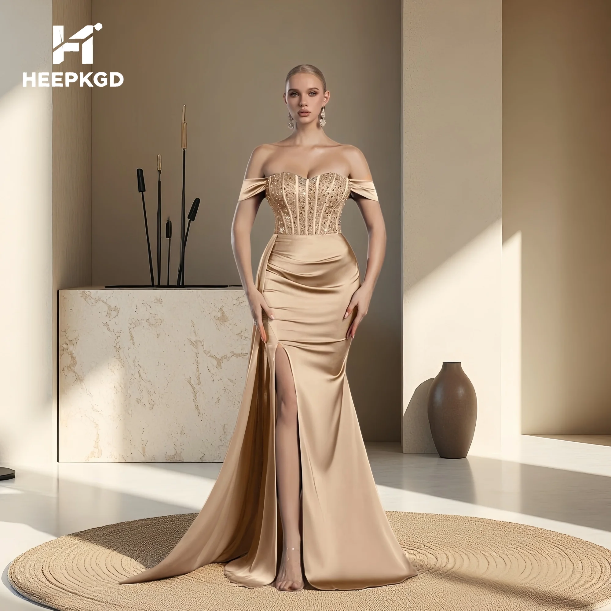 Custom Made Champagne Evening Dress Exquisite Beading Satin Off The Shoulder Long Formal Gowns With Side Train Plus Size
Custom Made Champagne Evening Dress Exquisite Beading Satin Off The Shoulder Long Formal Gowns With Side Train Plus Size