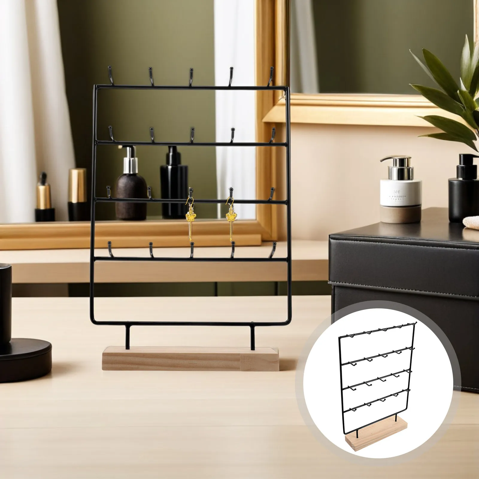 Earring Display Stand with Hooks Wood and Iron Jewelry Organizer Stand for Earrings Necklaces Bracelets Card Display Space
Earring Display Stand with Hooks Wood and Iron Jewelry Organizer Stand for Earrings Necklaces Bracelets Card Display Space