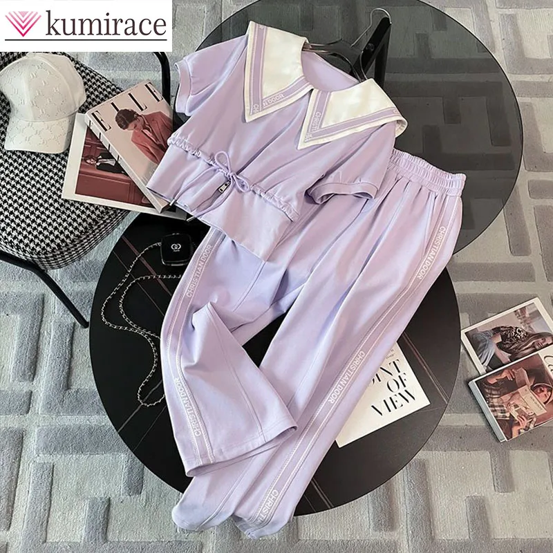 Sports and Leisure Suit Women's Summer 2025 New Fashion Navy Collar Short Sleeved Wide Leg Pants Two-piece Set Clothes for Women
Sports and Leisure Suit Women's Summer 2025 New Fashion Navy Collar Short Sleeved Wide Leg Pants Two-piece Set Clothes for Women