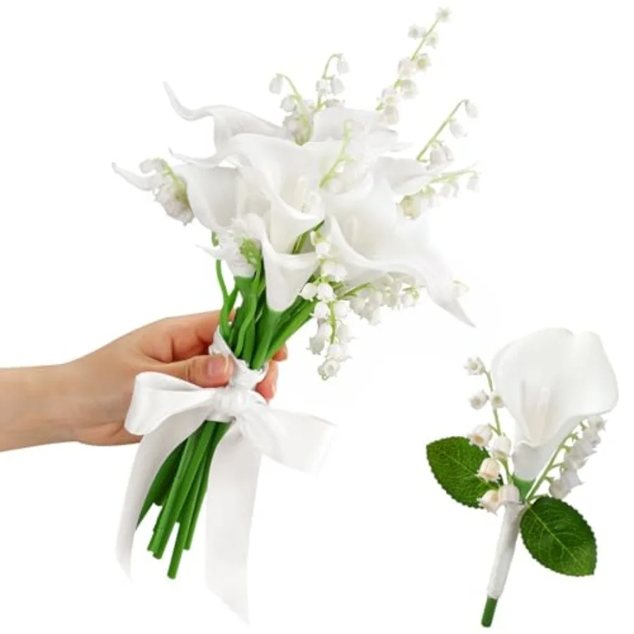 16 Pcs Bride Bouquet Set Include 10 White Calla Lily Artificial Flowers 5 Faux Lily of The Valley 1 Groom Boutonniere Pin Bride
16 Pcs Bride Bouquet Set Include 10 White Calla Lily Artificial Flowers 5 Faux Lily of The Valley 1 Groom Boutonniere Pin Bride
