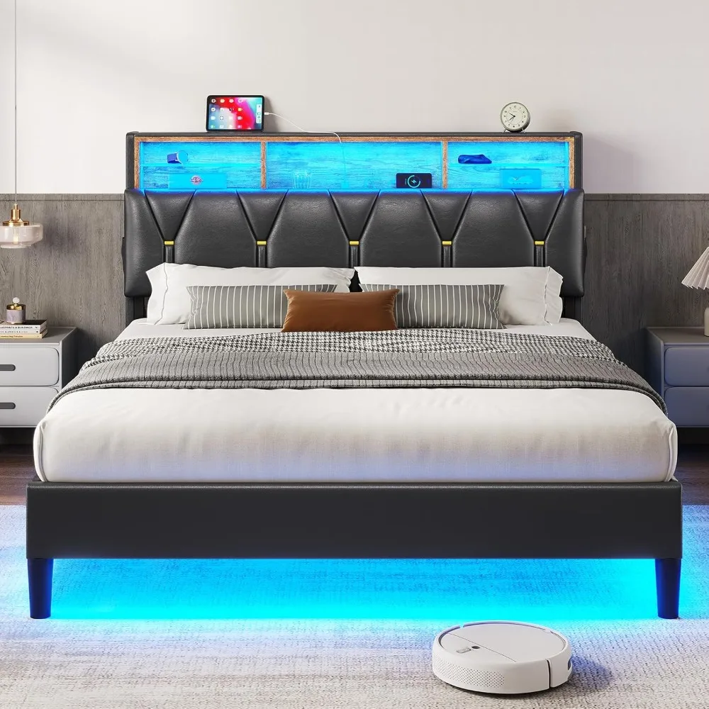 Queen Bed Frame with Storage Headboard and RGB LED Lights, PU Leather Platform Bed Frame with Type-C & USB Charging Station
Queen Bed Frame with Storage Headboard and RGB LED Lights, PU Leather Platform Bed Frame with Type-C & USB Charging Station