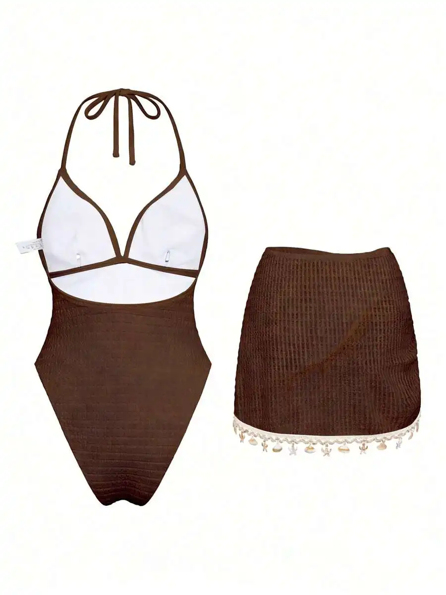 Women Boho Coffee Brown Halter Neck Tie Back One Piece Swimsuit With Beach Skirt
Women Boho Coffee Brown Halter Neck Tie Back One Piece Swimsuit With Beach Skirt