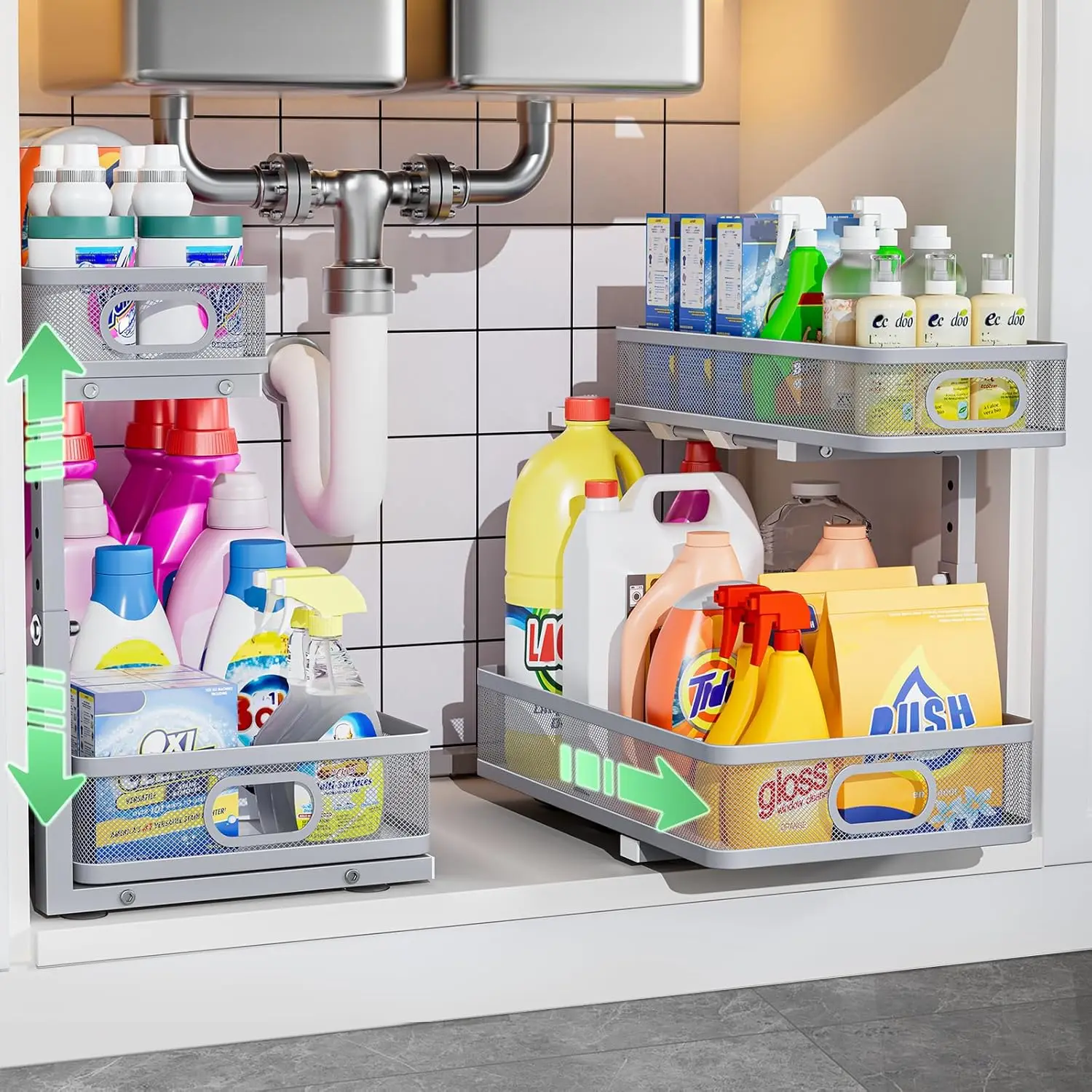 Adjustable 2-Tier Under Sink Organizer Set, Slide-Out Metal Storage for Kitchen & Bathroom Cabinets
Adjustable 2-Tier Under Sink Organizer Set, Slide-Out Metal Storage for Kitchen & Bathroom Cabinets