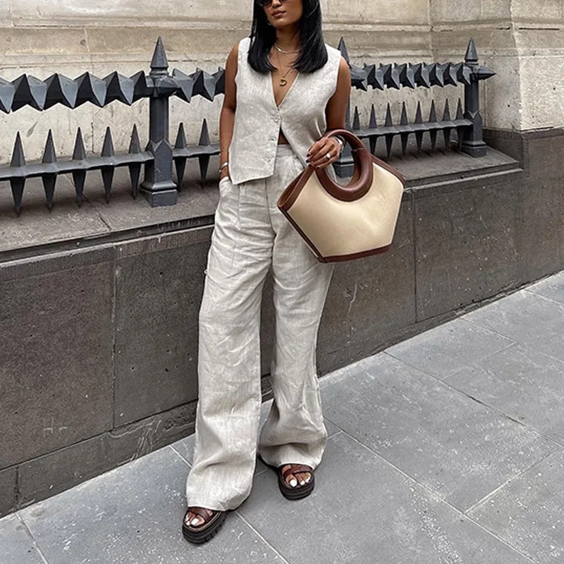 2025 Elegant Women Cotton Linen Pants Set Summer Chic Sleeveless V Neck Shirt Vest Top Wide Leg Trousers Suit Outfits Streetwear
2025 Elegant Women Cotton Linen Pants Set Summer Chic Sleeveless V Neck Shirt Vest Top Wide Leg Trousers Suit Outfits Streetwear