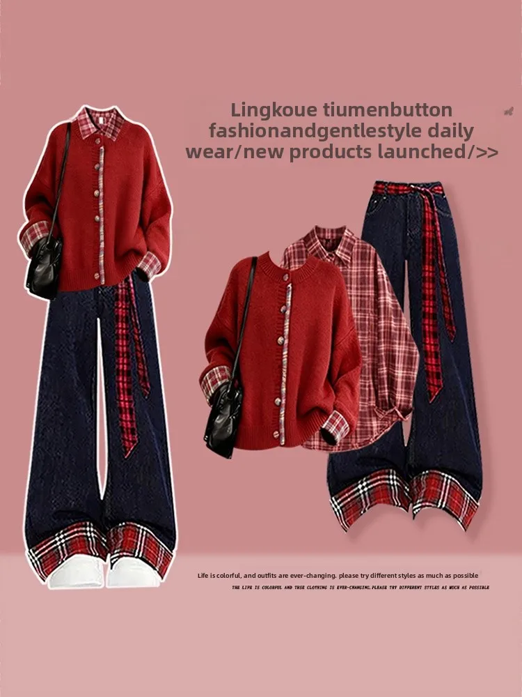 Fashionable Knitted Christmas Red Women's Set Casual Style Plaid Shirt Denim Jeans High Waist Autumn Winter Three-Piece Suit
Fashionable Knitted Christmas Red Women's Set Casual Style Plaid Shirt Denim Jeans High Waist Autumn Winter Three-Piece Suit
