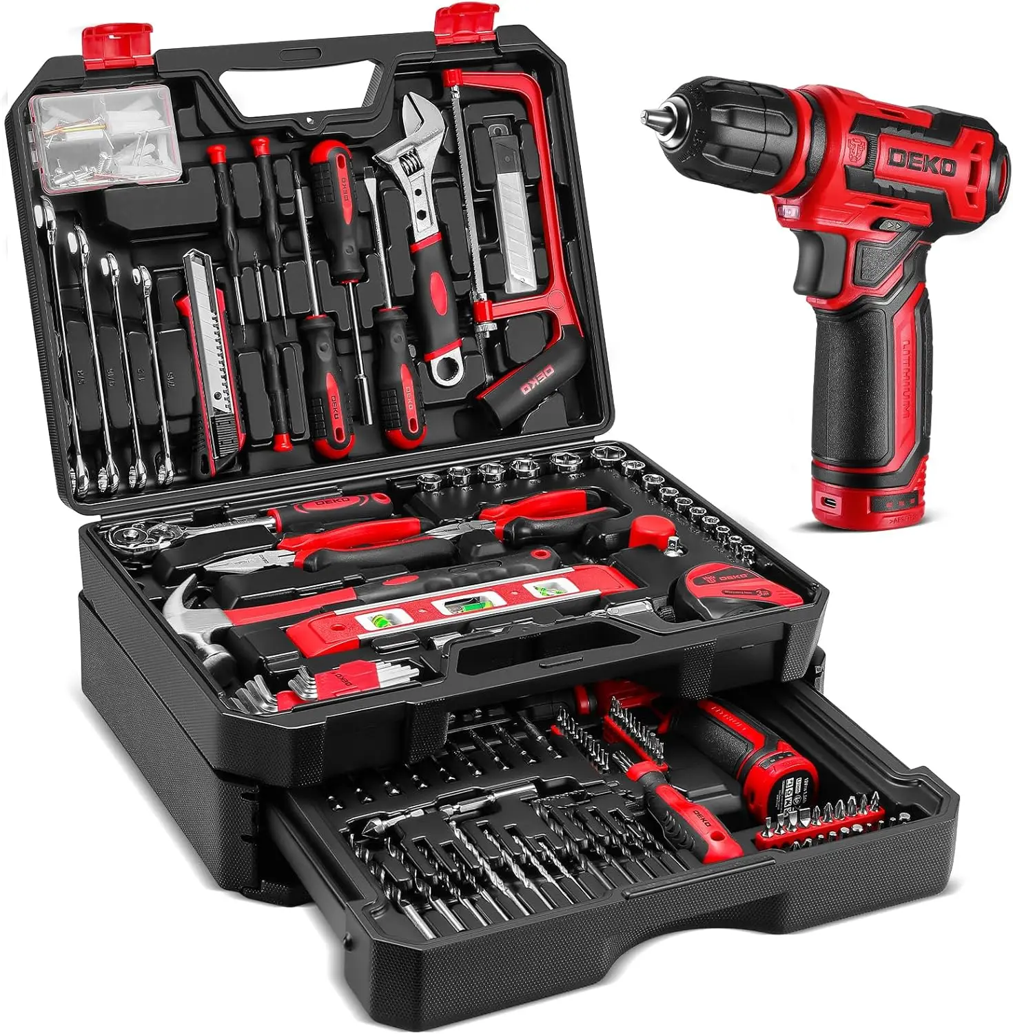 238-Piece Cordless Drill Tool Kit, 12V Power Drill Set with Rechargeable Battery, Home Repair Toolbox for Men & Women, Red
238-Piece Cordless Drill Tool Kit, 12V Power Drill Set with Rechargeable Battery, Home Repair Toolbox for Men & Women, Red