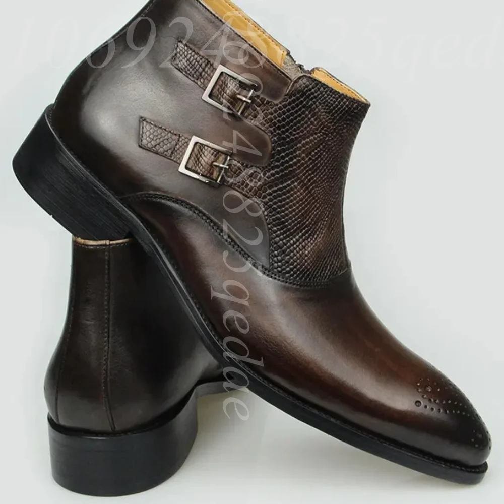 Men's Hand-Polished Snake-Embossed Leather Monk Strap Ankle Boots, Brogue Perforated Toe & Side Zipper Dress Boots for Formal Bu
Men's Hand-Polished Snake-Embossed Leather Monk Strap Ankle Boots, Brogue Perforated Toe & Side Zipper Dress Boots for Formal Bu