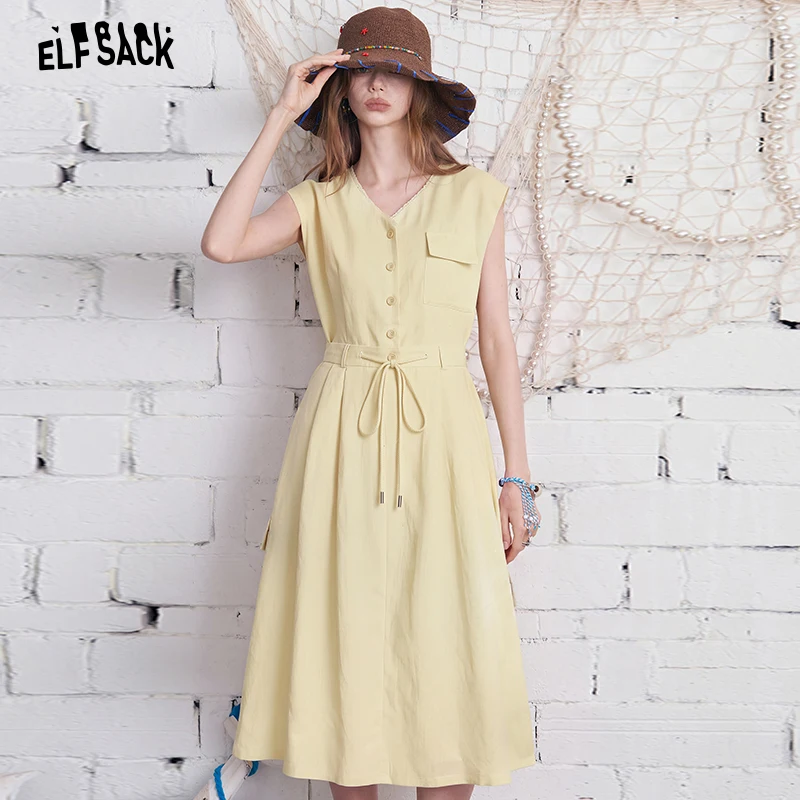 ELFSACK Sleeveless V Neck Button Midi Dress, Drawstring High Waist Cargo Pocket Dress, Casual Daily Work Outfit for Women
ELFSACK Sleeveless V Neck Button Midi Dress, Drawstring High Waist Cargo Pocket Dress, Casual Daily Work Outfit for Women