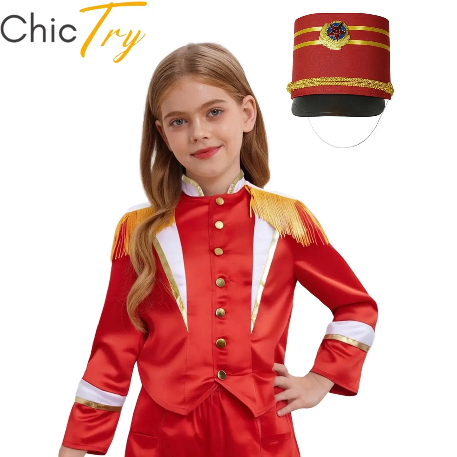Kids Boys Girls Drum Major Marching Band Costume Uniform Set Tassels Long Sleeve Button Cosplay Outerwear and Drum Band Hat Sets
Kids Boys Girls Drum Major Marching Band Costume Uniform Set Tassels Long Sleeve Button Cosplay Outerwear and Drum Band Hat Sets