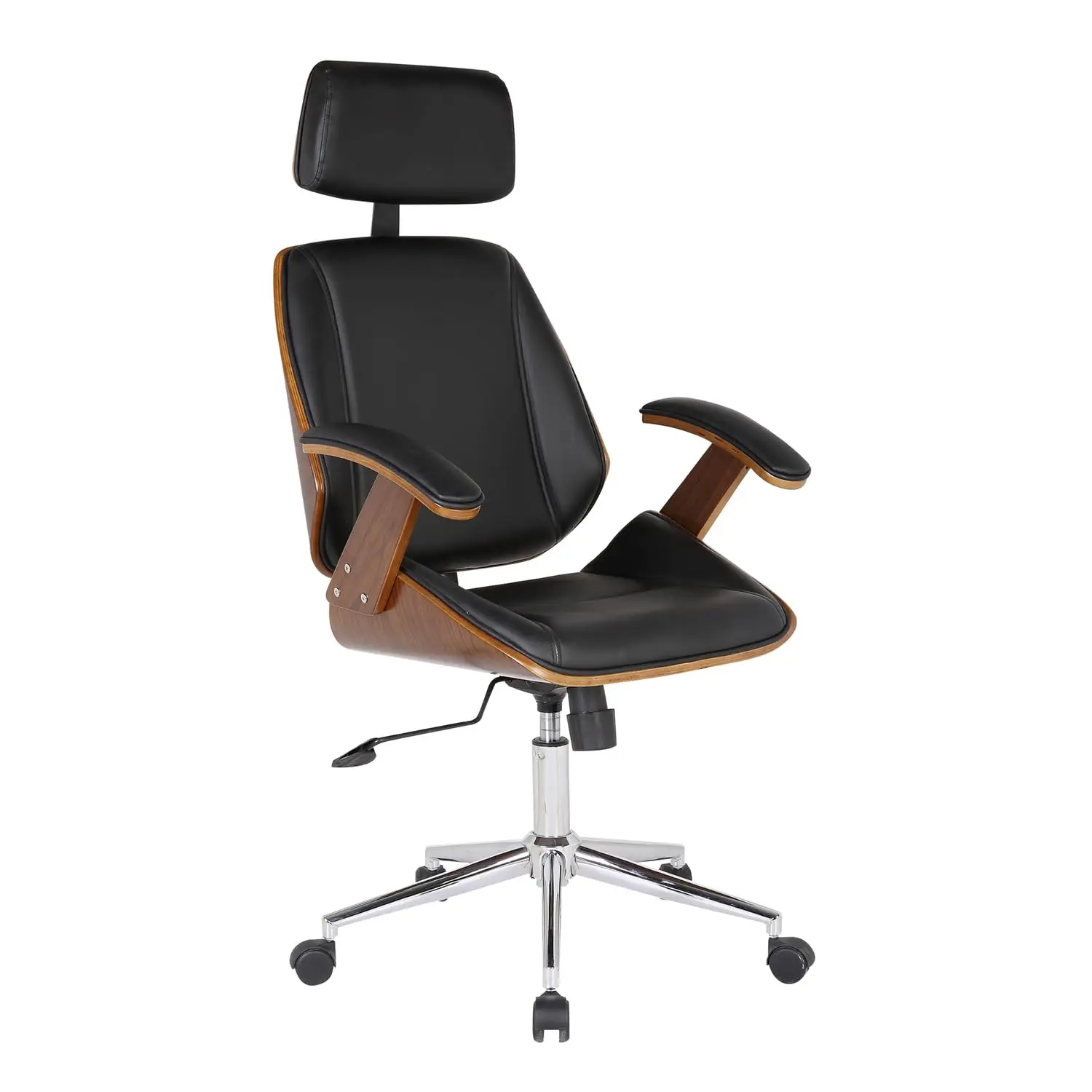 Mid-Century Modern Office Chair Black Faux Leather Walnut Wood Chrome Base
Mid-Century Modern Office Chair Black Faux Leather Walnut Wood Chrome Base