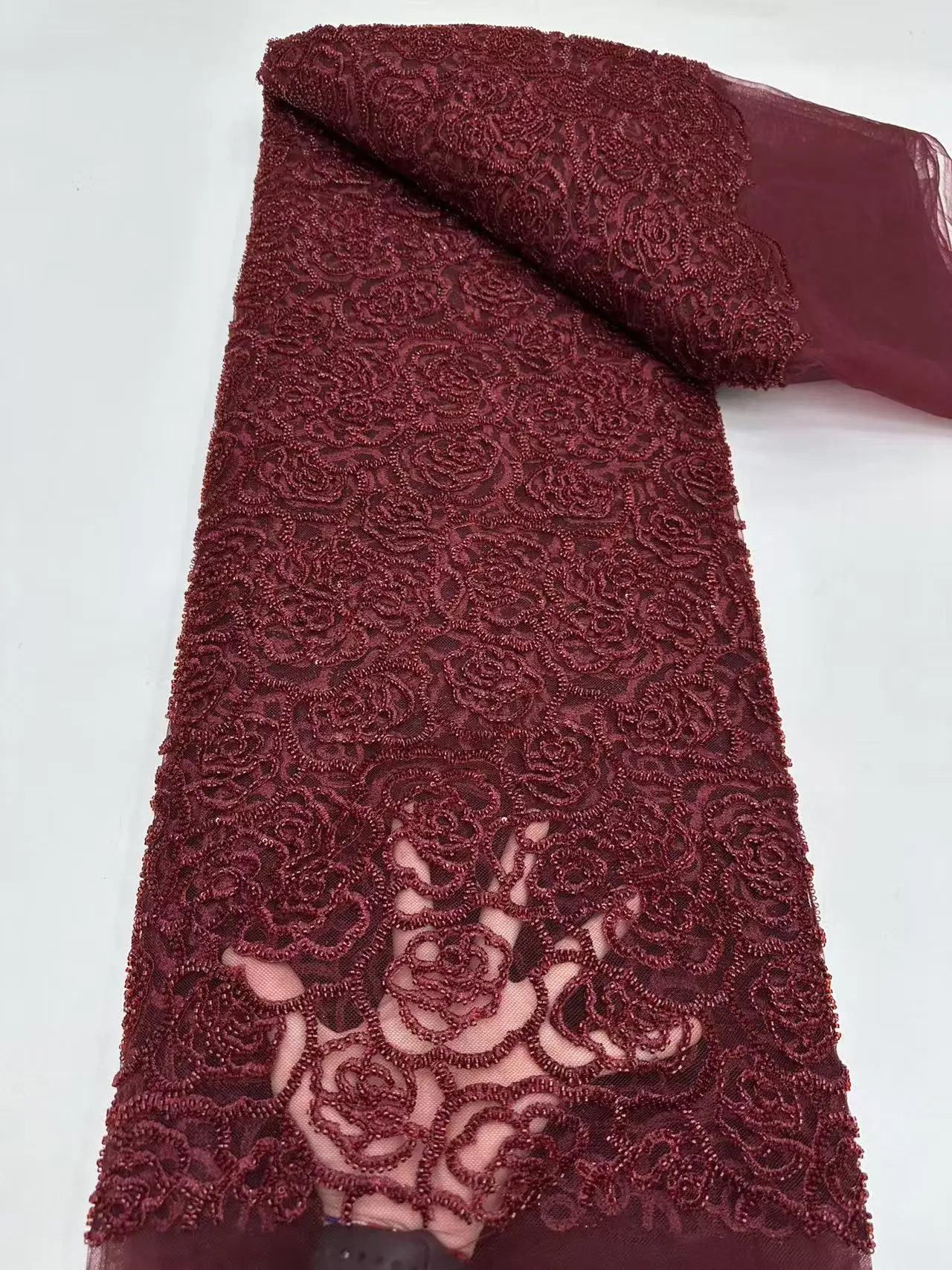 Wine African Mesh Lace Fabric With Sequins Nigerian Handmade Beads Lace Fabric French Tulle Lace Fabric For Wedding Party G138-1
Wine African Mesh Lace Fabric With Sequins Nigerian Handmade Beads Lace Fabric French Tulle Lace Fabric For Wedding Party G138-1
