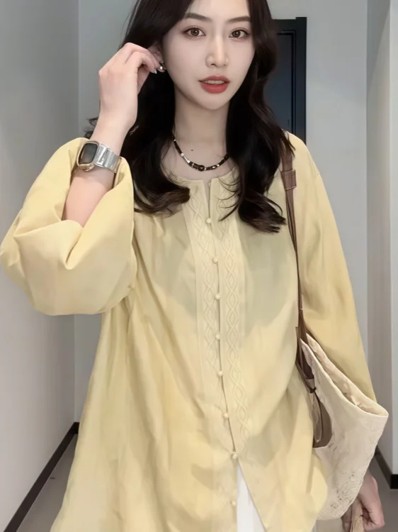 Loose Fit Long Sleeve round Neck Shirt Women's Thin Style Autumn New Arrival Japanese High End plus Size Fashionable Top
Loose Fit Long Sleeve round Neck Shirt Women's Thin Style Autumn New Arrival Japanese High End plus Size Fashionable Top