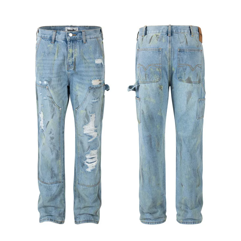 Американские европейские новые модные мужские потертые синие свободные широкие брюки с заплатками, повседневные модные джинсы, брюки, мужские брюки, одежда 
Американские европейские новые модные мужские потертые синие свободные широкие брюки с заплатками, повседневные модные джинсы, брюки, мужские брюки, одежда
