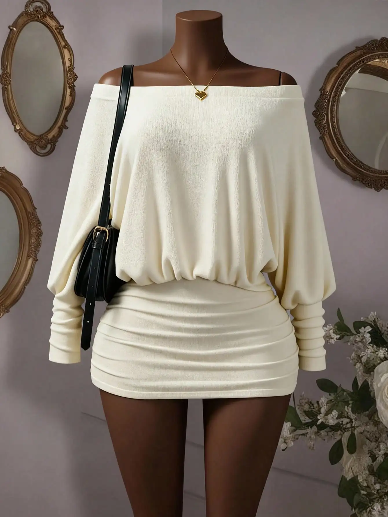 Cream Off-Shoulder Long Sleeve Bodycon Mini Dress with Ruched Skirt
Cream Off-Shoulder Long Sleeve Bodycon Mini Dress with Ruched Skirt