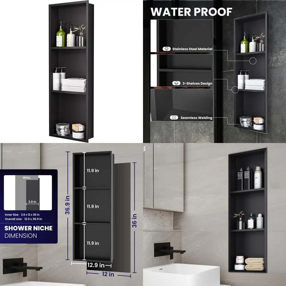 Stainless Steel 3-Tier Shower Niche, 12x36 inches, No Tile Required, Black Bathroom Storage Shelf
Stainless Steel 3-Tier Shower Niche, 12x36 inches, No Tile Required, Black Bathroom Storage Shelf