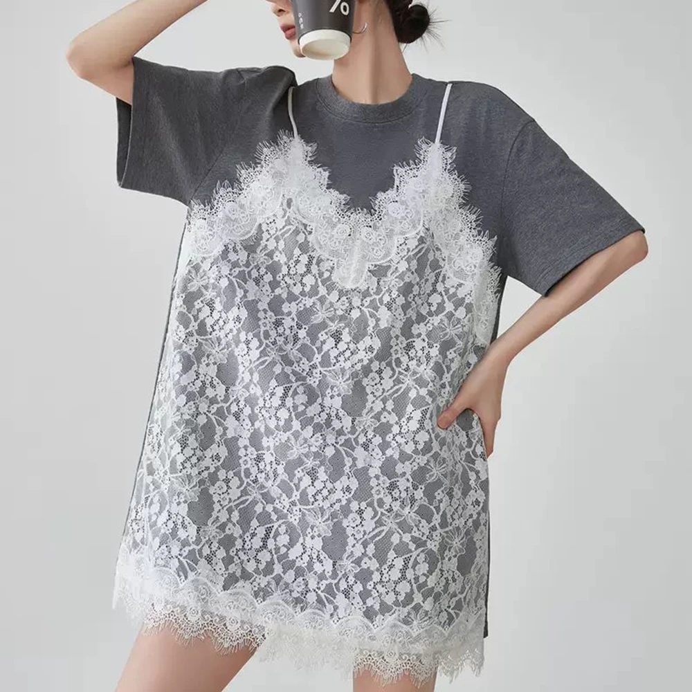 Large size loose and thin splicing lace fake two pieces casual medium and long versatile short-sleeved t-shirt top women
Large size loose and thin splicing lace fake two pieces casual medium and long versatile short-sleeved t-shirt top women