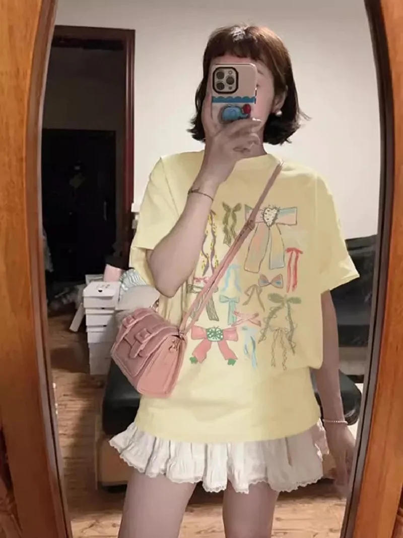 Размер S-3XL, женская футболка с милым бантом и узлом, дизайнерская футболка в стиле Харадзюку для девочек, летняя хлопковая футболка с принтом, удобная футболка для отдыха, топ 
Размер S-3XL, женская футболка с милым бантом и узлом, дизайнерская футболка в стиле Харадзюку для девочек, летняя хлопковая футболка с принтом, удобная футболка для отдыха, топ