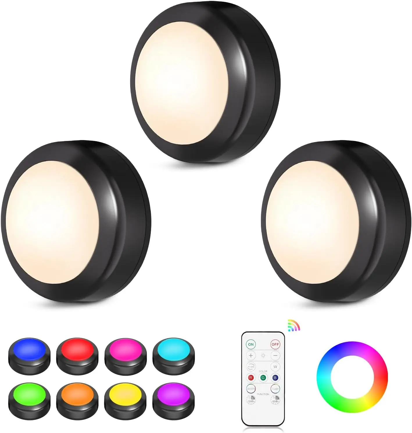 16 Color LED Puck Lights with Remote, Dimmable & Timer, Battery Operated Under Cabinet Lighting for Closet Kitchen, 3 Pack
16 Color LED Puck Lights with Remote, Dimmable & Timer, Battery Operated Under Cabinet Lighting for Closet Kitchen, 3 Pack