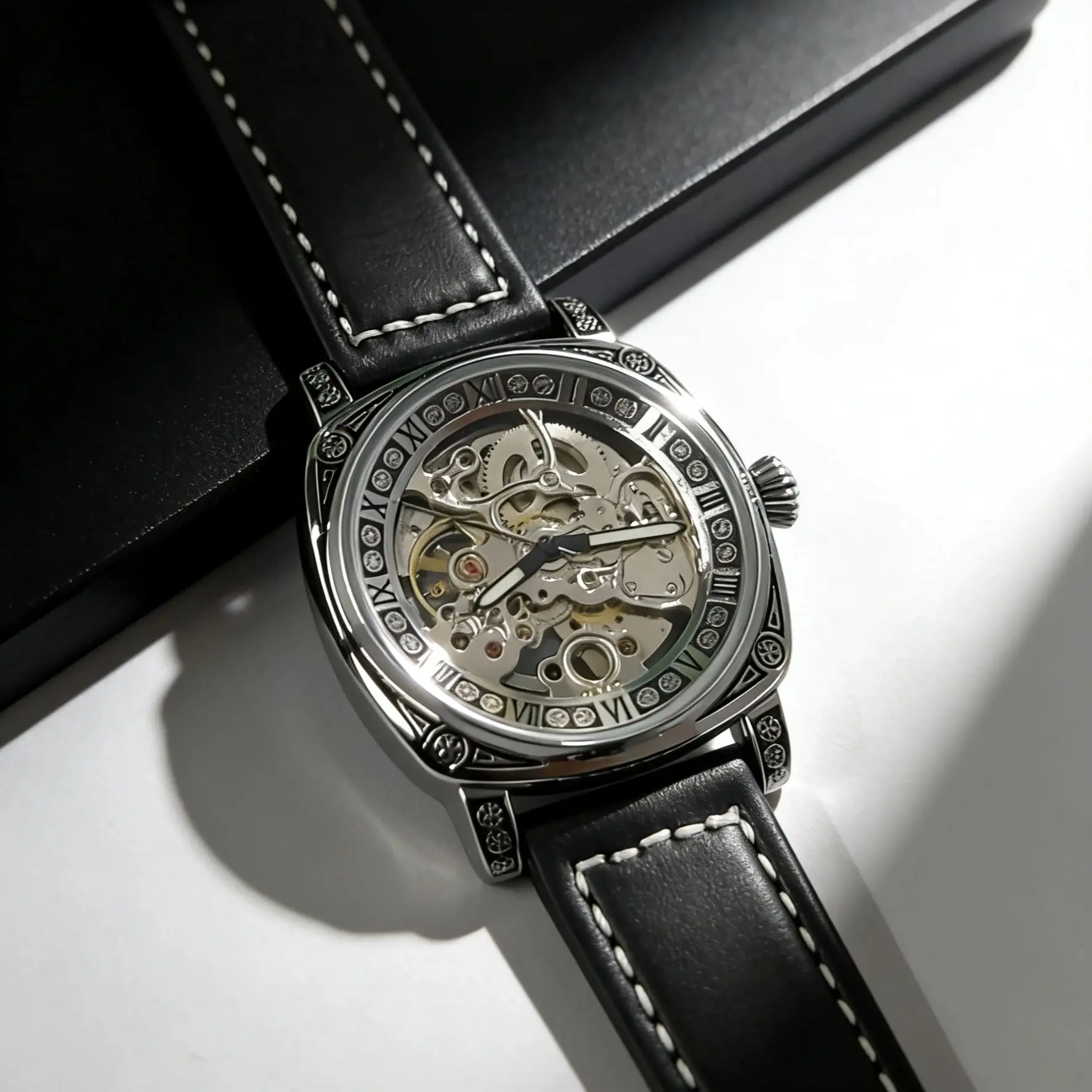 Men's Skeleton Automatic Mechanical Watch | Hollow Dial | Vintage Engraved Watch Case | Leather Watch Strap | Classic Roman Numerals | Business and Casual Watches | Fashionable Gift Watches
Men's Skeleton Automatic Mechanical Watch | Hollow Dial | Vintage Engraved Watch Case | Leather Watch Strap | Classic Roman Numerals | Business and Casual Watches | Fashionable Gift Watches