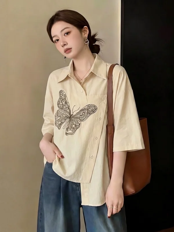 Sweet And Salty Embroidery Short Sleeve Shirt Women's plus Size Irregular Shoulder Korean Style Commute Fashion
Sweet And Salty Embroidery Short Sleeve Shirt Women's plus Size Irregular Shoulder Korean Style Commute Fashion