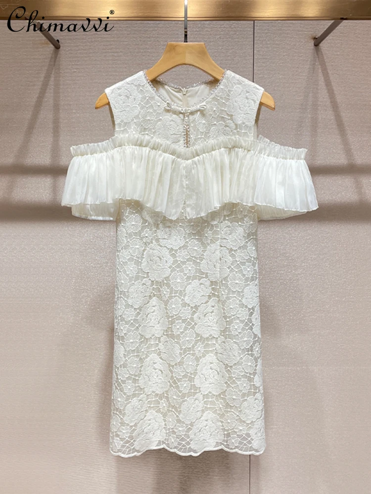 2024 Summer Chinese Elegant Lace Embroidery Beads Round Neck Knot Button Ruffled Off-Shoulder Slim Fit Bodycon Short Dress Women
2024 Summer Chinese Elegant Lace Embroidery Beads Round Neck Knot Button Ruffled Off-Shoulder Slim Fit Bodycon Short Dress Women