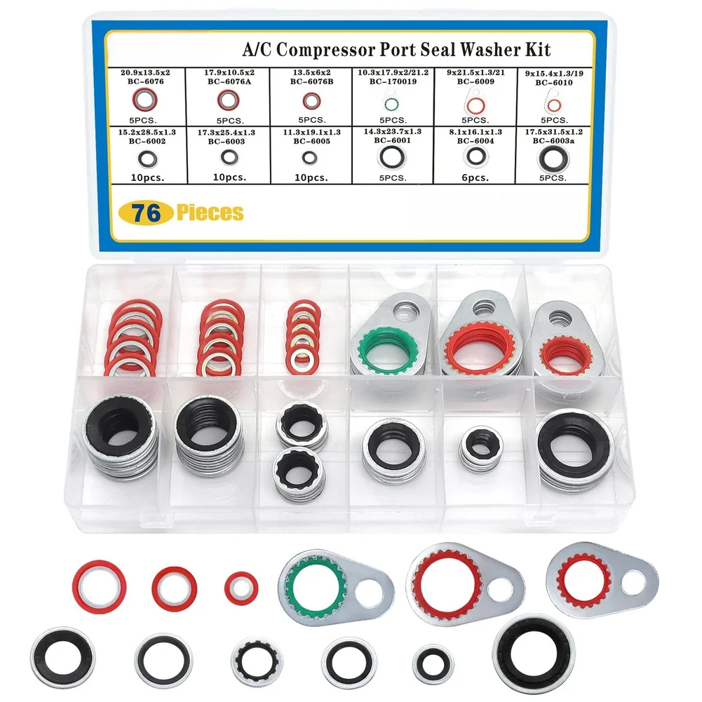 76 PCS Vehicle AC Compressor Gasket Seals Kit Compatible with Air Conditioning System Port Washers and O-Rings
76 PCS Vehicle AC Compressor Gasket Seals Kit Compatible with Air Conditioning System Port Washers and O-Rings