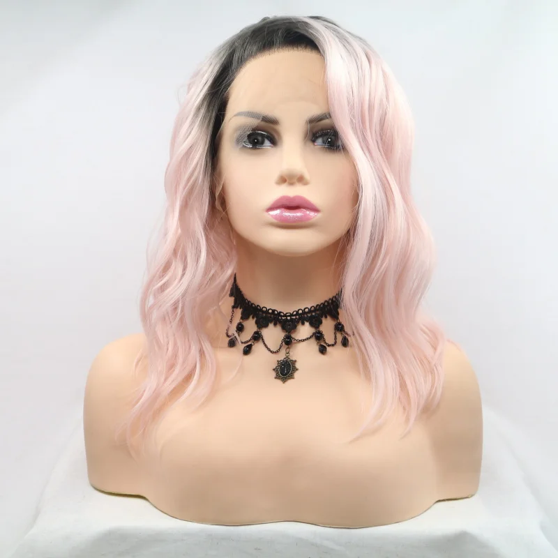 Hand-woven front lace synthetic fiber matte wig, gradient pink collarbone-length short curly hair with rose net wigs
Hand-woven front lace synthetic fiber matte wig, gradient pink collarbone-length short curly hair with rose net wigs