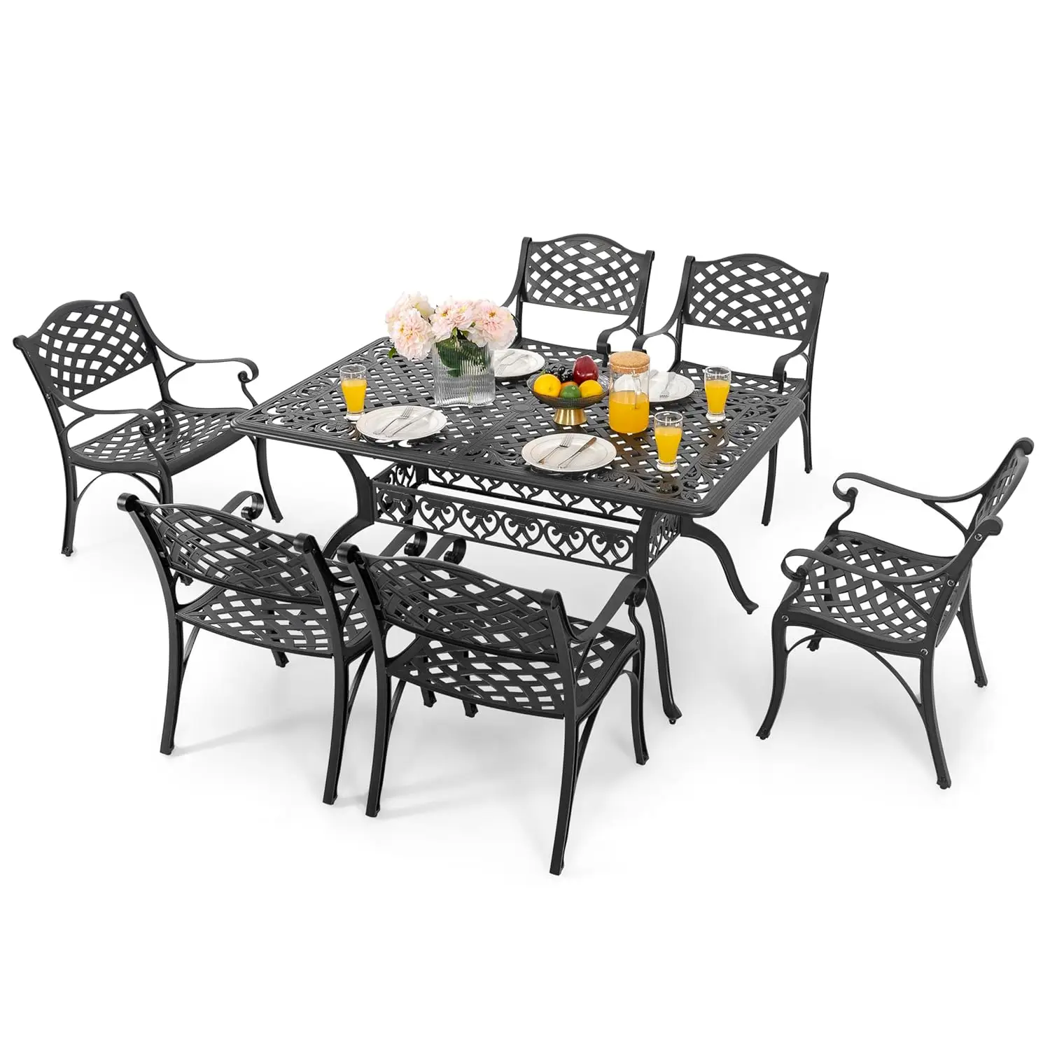 7 Pieces Outdoor Patio Dining Sets, Cast Aluminum Rectangle Patio Table with Umbrella Hole and 6 Bistro Chairs,, Customized
7 Pieces Outdoor Patio Dining Sets, Cast Aluminum Rectangle Patio Table with Umbrella Hole and 6 Bistro Chairs,, Customized