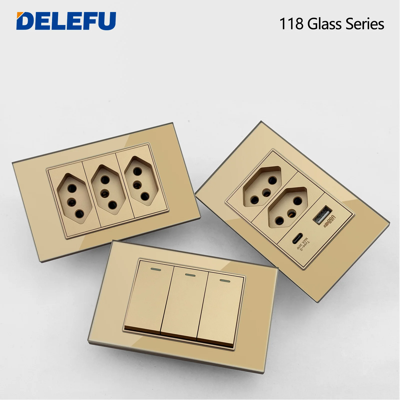DELEFU 4x2 Gold Tempered Glass 10A 20A Wall Socket Dual USB Type C Home Light Switch Safe Brazilian Household Electric Panel
DELEFU 4x2 Gold Tempered Glass 10A 20A Wall Socket Dual USB Type C Home Light Switch Safe Brazilian Household Electric Panel