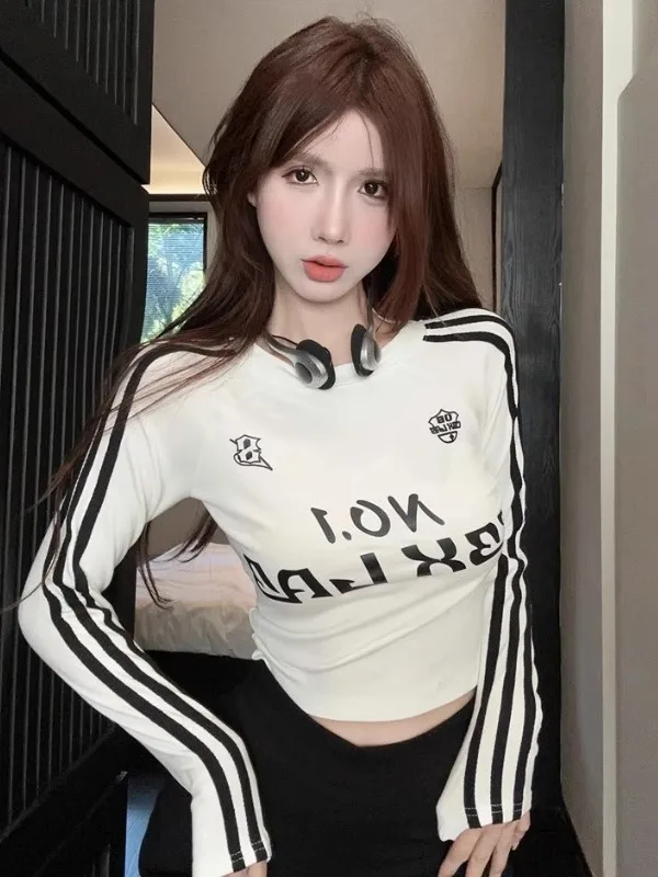 American Hot Girl Design round Neck Striped Long Sleeve T-Shirt Retro Sexy Belly Button Letter Print Versatile Women's Top
American Hot Girl Design round Neck Striped Long Sleeve T-Shirt Retro Sexy Belly Button Letter Print Versatile Women's Top