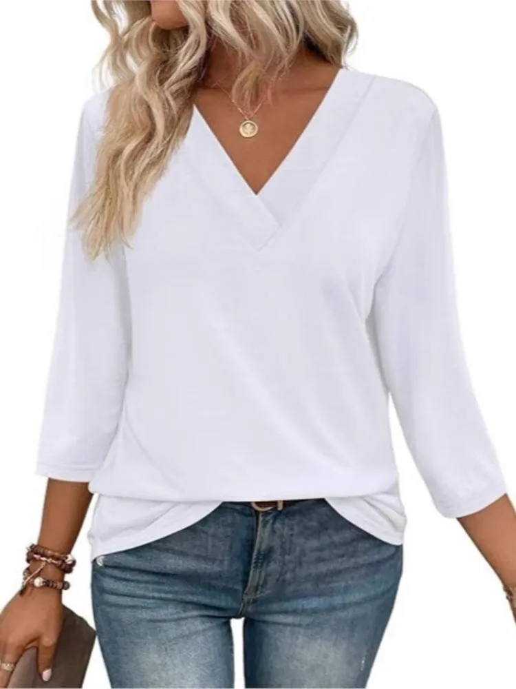Casual White T Shirt Top Lady Fashion V Neck Pullover Three Quarter Tshirts Tops For Women Elegant Office Womens Clothing Spring
Casual White T Shirt Top Lady Fashion V Neck Pullover Three Quarter Tshirts Tops For Women Elegant Office Womens Clothing Spring