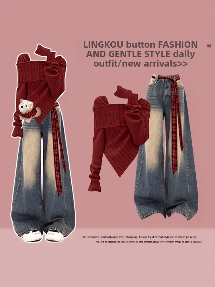 Elegant Autumn Winter Knitted Two-Piece Set Women's Beautiful Slimming Jeans Shoulder-Baring Top High Waist Long Pants
Elegant Autumn Winter Knitted Two-Piece Set Women's Beautiful Slimming Jeans Shoulder-Baring Top High Waist Long Pants