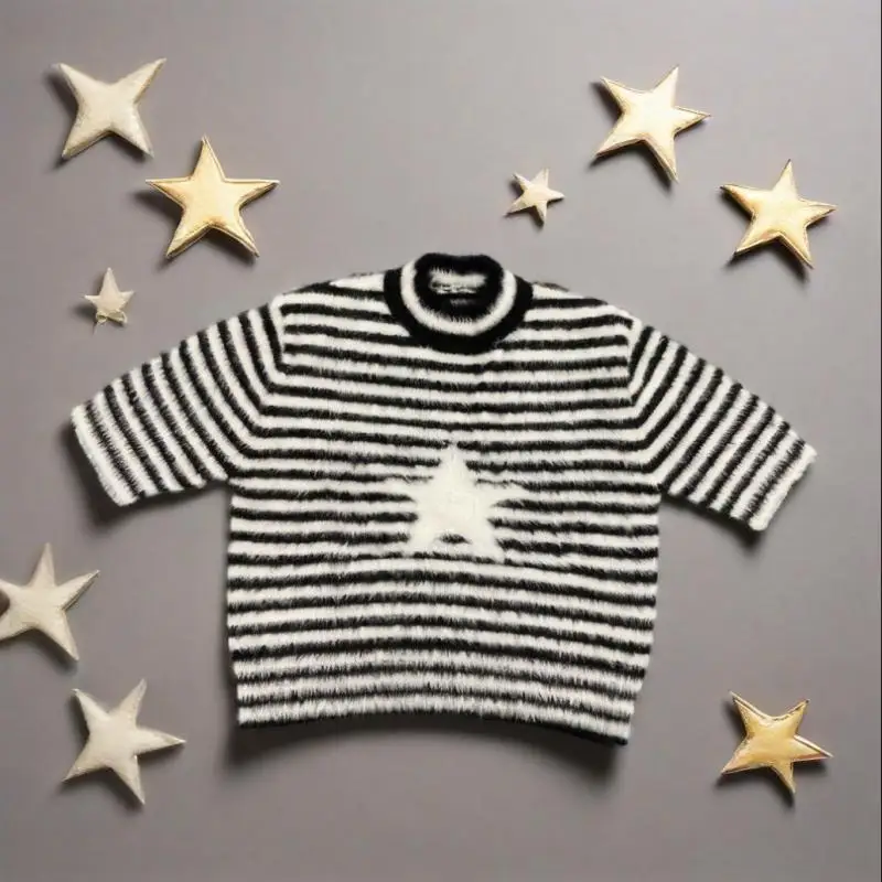 2025 Fashionable, casual and personalized star-striped street style knitted round-neck crop top short T-shirt sweater
2025 Fashionable, casual and personalized star-striped street style knitted round-neck crop top short T-shirt sweater