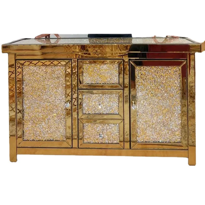 Modern Luxury Silver & Gold Sparkly Crushed Diamond Mirrored Sideboard Storage Cabinet Console Table for Home Hotel
Modern Luxury Silver & Gold Sparkly Crushed Diamond Mirrored Sideboard Storage Cabinet Console Table for Home Hotel