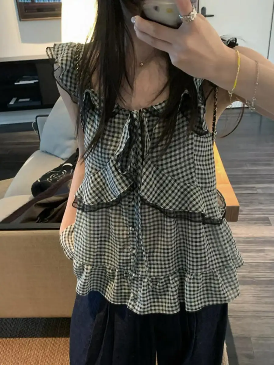 Sweet Style Dongda Gate Plaid Sleeveless Shirt Women's Loose Babydoll Top with Lace Hemline Breathable Polyester Spring Summe...
Sweet Style Dongda Gate Plaid Sleeveless Shirt Women's Loose Babydoll Top with Lace Hemline Breathable Polyester Spring Summe...