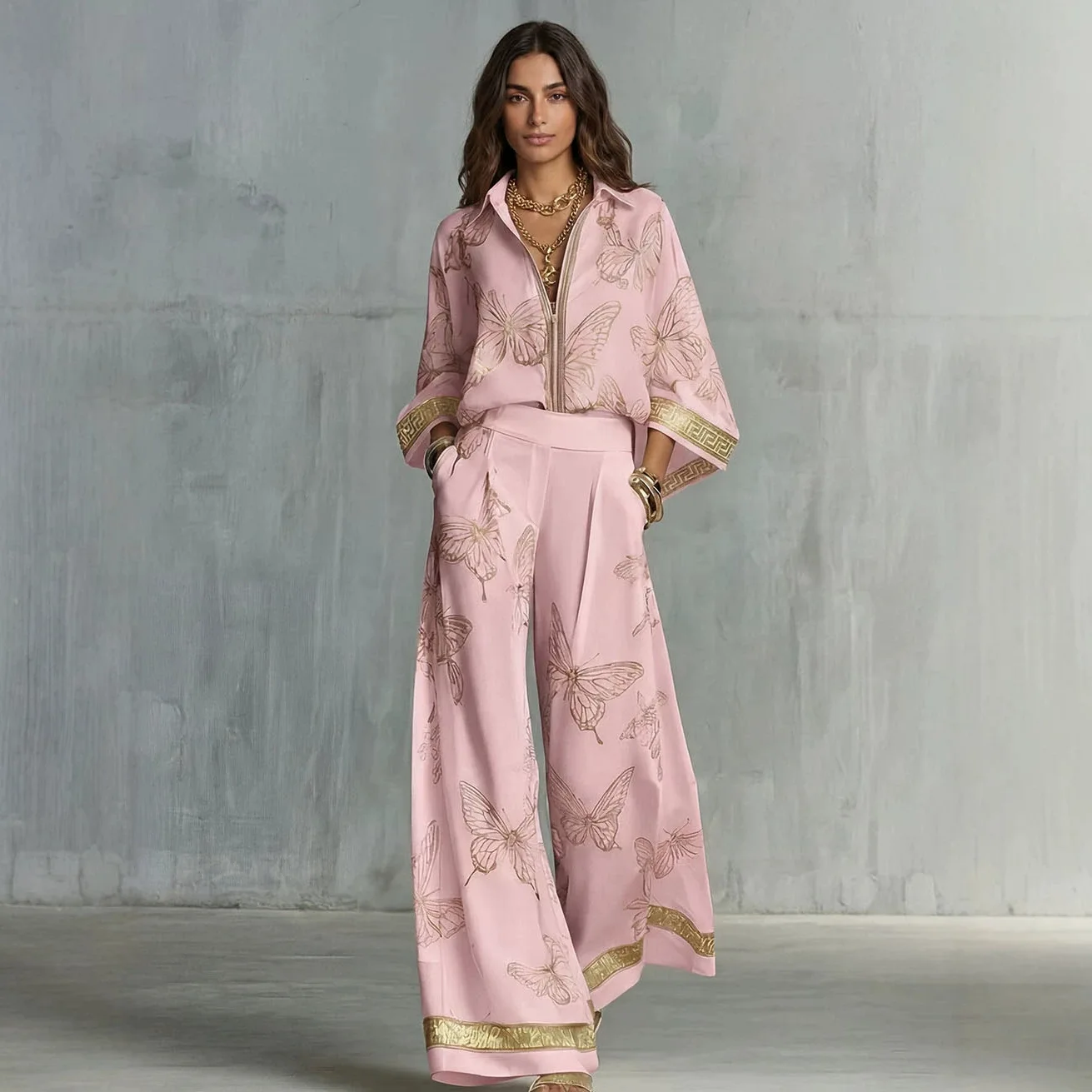 2026 Women Butterfly Print 2 Piece Outfit Shirt Wide Leg Pants Set Golden Trim Lapel Zipper Solid Trousers Holiday Matching Suit
2026 Women Butterfly Print 2 Piece Outfit Shirt Wide Leg Pants Set Golden Trim Lapel Zipper Solid Trousers Holiday Matching Suit