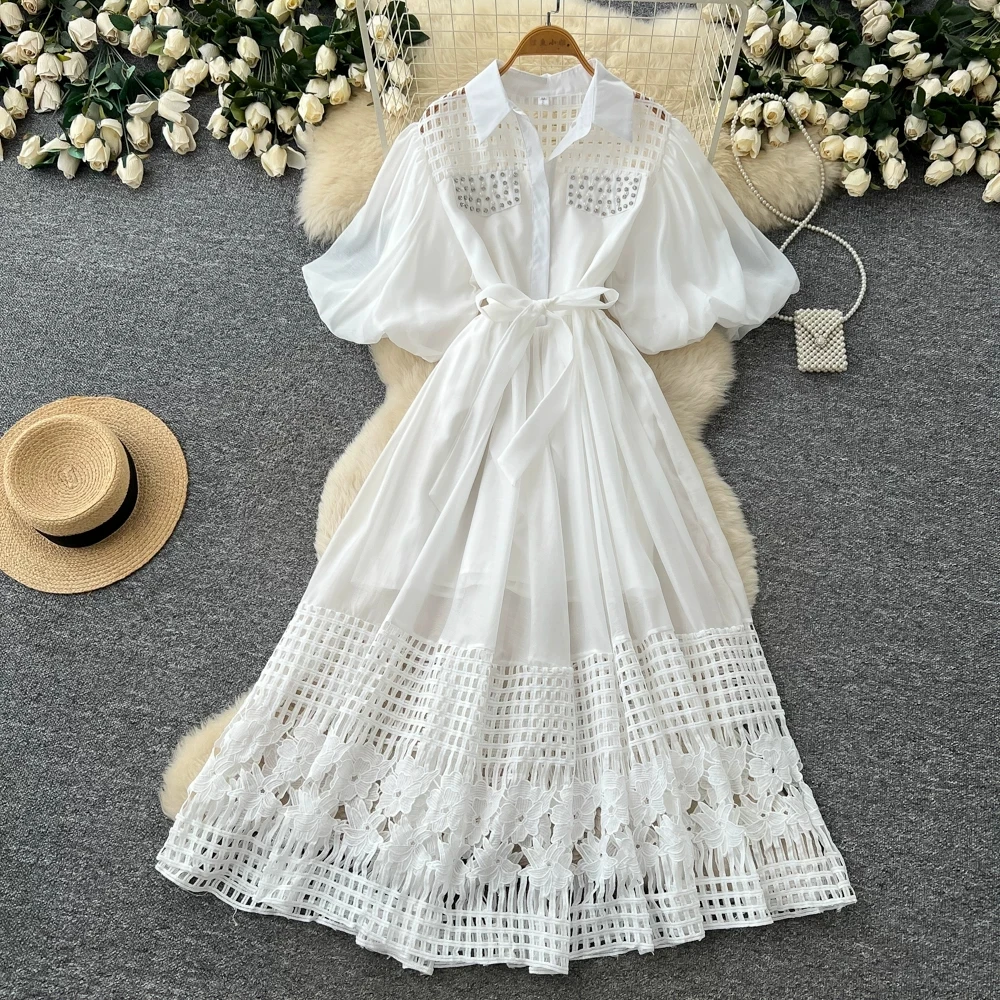 Crystal Beading Hollow Out Shirt Dress Women's Lapel Lantern Sleeve Sahes Lace Up Holiday Party Long Robes Maxi Vestidos
Crystal Beading Hollow Out Shirt Dress Women's Lapel Lantern Sleeve Sahes Lace Up Holiday Party Long Robes Maxi Vestidos
