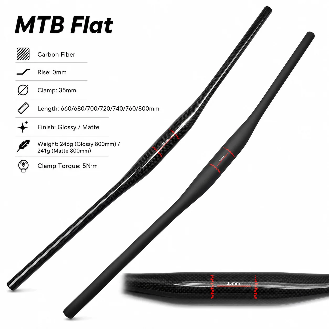 New mountain bike matte/glossy 3K full carbon fiber handlebar, mountain bike handlebar, MTB bicycle parts, size 35 * 660-800mm
New mountain bike matte/glossy 3K full carbon fiber handlebar, mountain bike handlebar, MTB bicycle parts, size 35 * 660-800mm