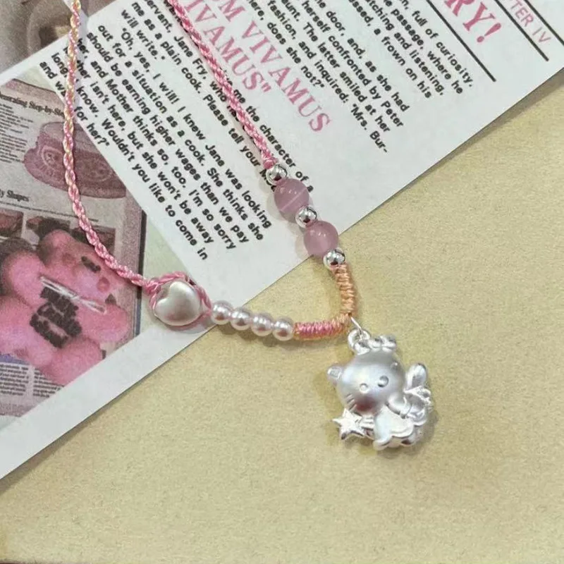 KT Cat Necklace Cartoon Character Magic Wand Silver Plated Pink Rope Love Pendant Handmade Woven Collarbone Chain Birthday Gift
KT Cat Necklace Cartoon Character Magic Wand Silver Plated Pink Rope Love Pendant Handmade Woven Collarbone Chain Birthday Gift