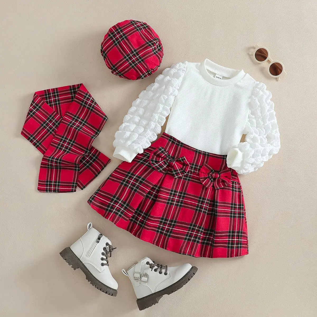 2026 Preppy Girls 4Pcs Outfit, Puff Long Sleeve Crew Neck Top, Plaid Skirt with Bow, Scarf & Beret Set for 100-140cm
2026 Preppy Girls 4Pcs Outfit, Puff Long Sleeve Crew Neck Top, Plaid Skirt with Bow, Scarf & Beret Set for 100-140cm