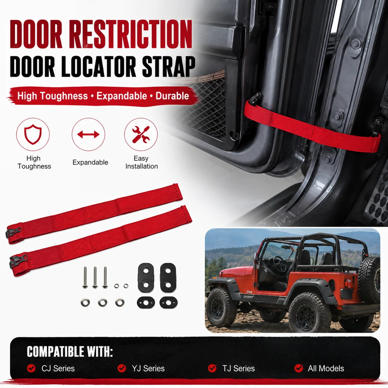 Heavy Duty Adjustable Door Limiter Strap Kit for CJ YJ TJ Models Off-Road Door Restriction Locator with Hardware
Heavy Duty Adjustable Door Limiter Strap Kit for CJ YJ TJ Models Off-Road Door Restriction Locator with Hardware