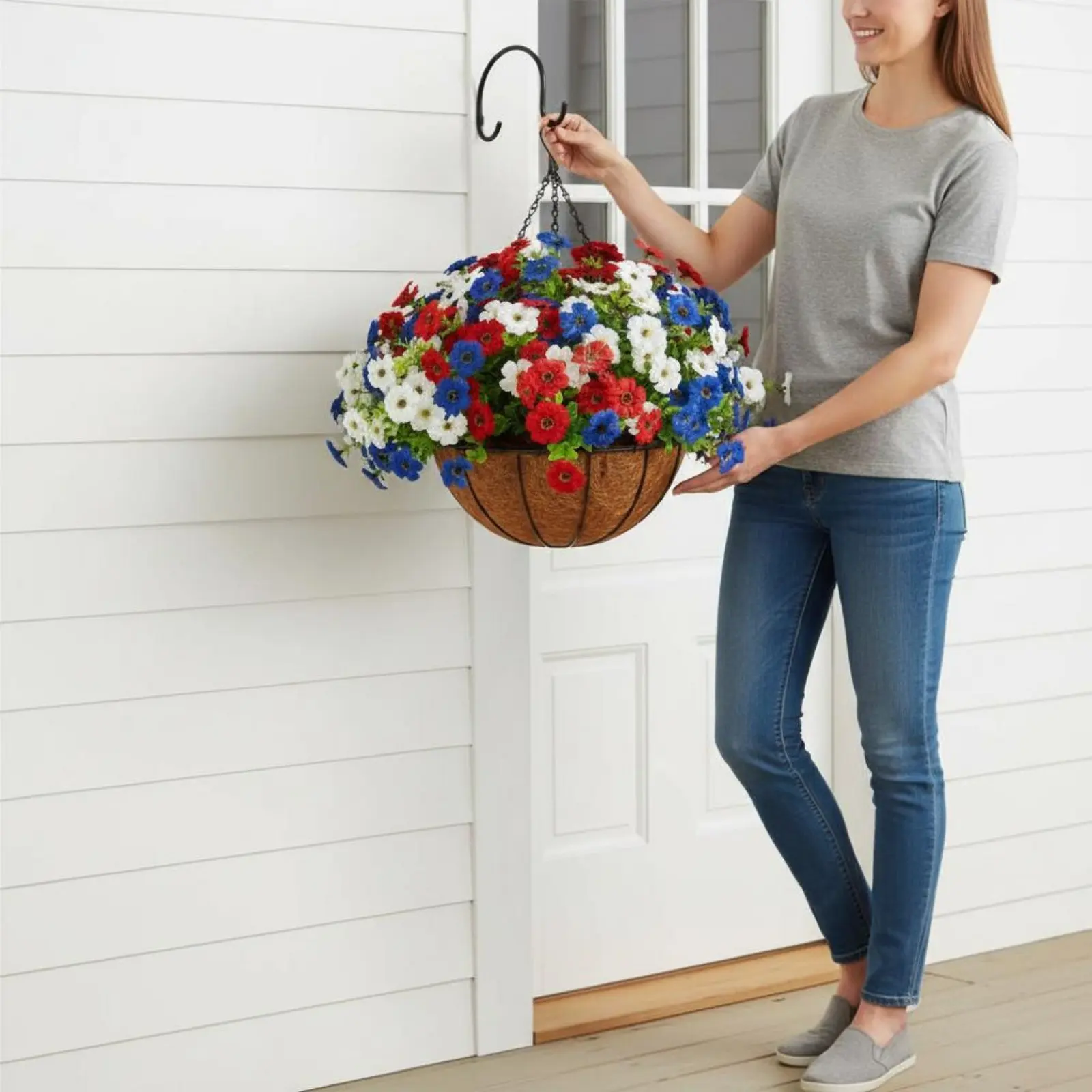 Patriotic Hanging Flower Basket Festive Red White Blue Flower Basket Red White Blue Hanging Planter Low Maintenance for Doorway
Patriotic Hanging Flower Basket Festive Red White Blue Flower Basket Red White Blue Hanging Planter Low Maintenance for Doorway