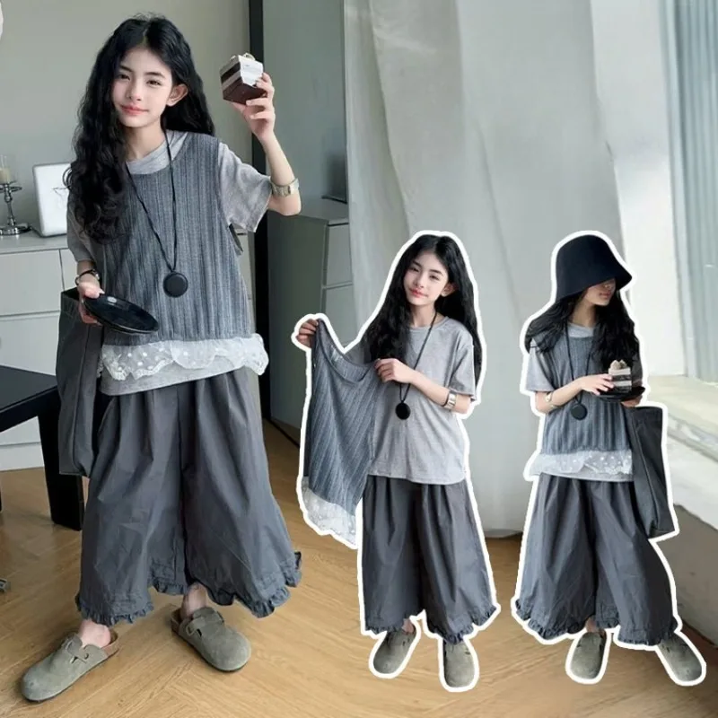 Girls Summer Clothing Set Fashion Children Short Sleeve T-Shirt Vest+Top+Wide Leg Pants Three Piece Set Kids Casual Suit
Girls Summer Clothing Set Fashion Children Short Sleeve T-Shirt Vest+Top+Wide Leg Pants Three Piece Set Kids Casual Suit