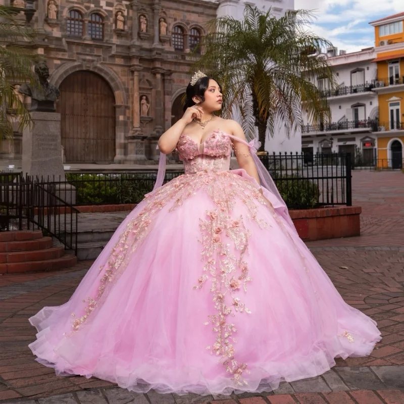 Pink Quinceanera Dress off-shoulder Glitter Lace Decal 3D Flower Long tail Big Bow vestidos de 15 Quinceanera Customize
Pink Quinceanera Dress off-shoulder Glitter Lace Decal 3D Flower Long tail Big Bow vestidos de 15 Quinceanera Customize