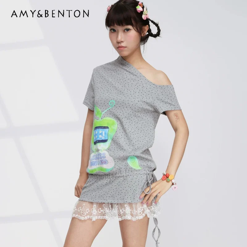 Japanese Design Fruit Print Gray Star Slanted Shoulder Women's Top 2026 New Sweet Lace Splicing Age-reducing Long T-shirts Girl
Japanese Design Fruit Print Gray Star Slanted Shoulder Women's Top 2026 New Sweet Lace Splicing Age-reducing Long T-shirts Girl
