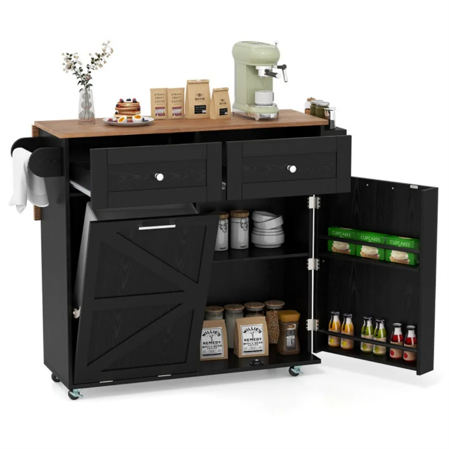 Black Mobile Kitchen Island Cart with Drop-Leaf Design, Lockable Universal Wheels and Trash Storage
Black Mobile Kitchen Island Cart with Drop-Leaf Design, Lockable Universal Wheels and Trash Storage