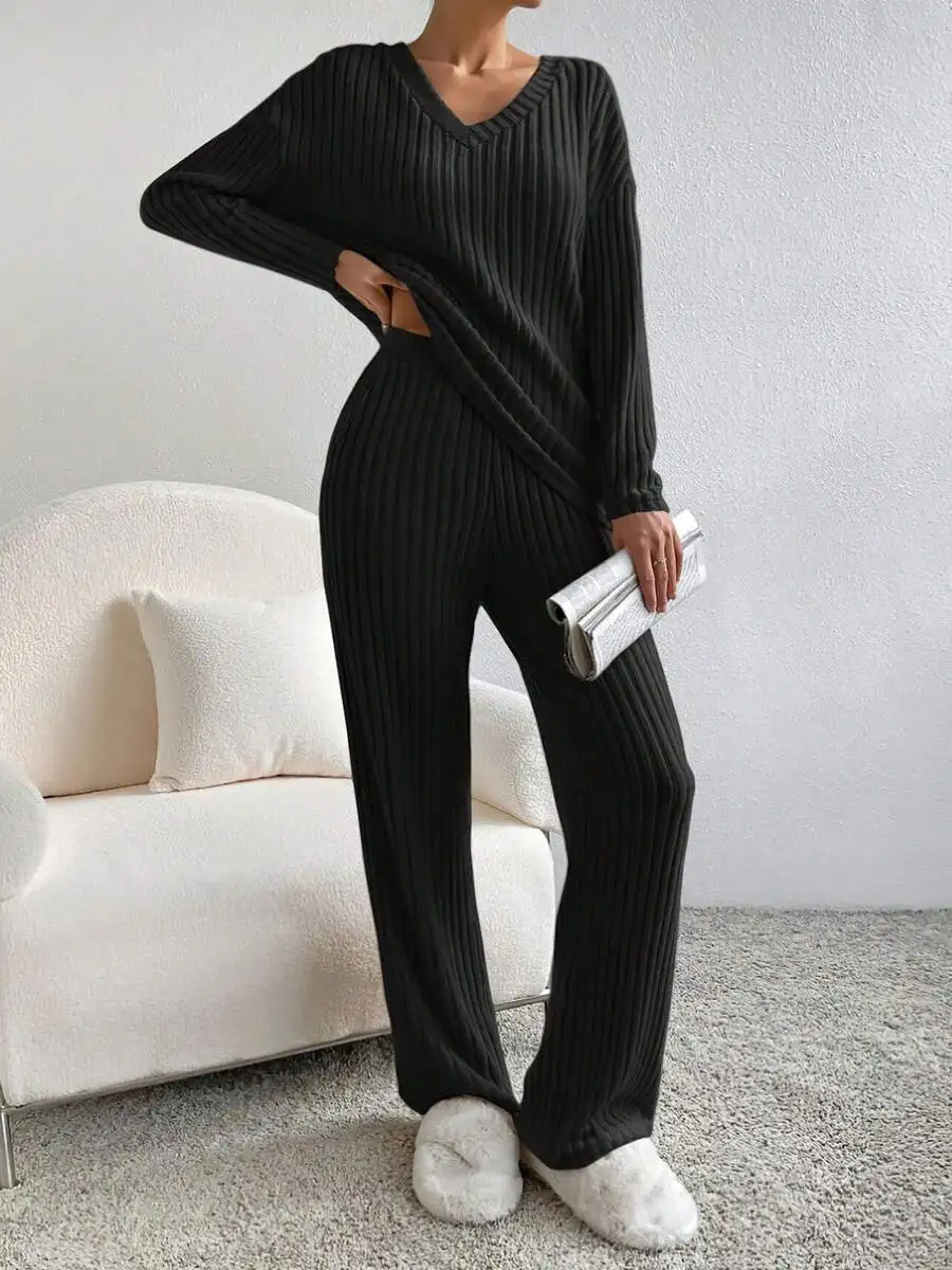 Womens Ribbed Knit 2 Piece Lounge Set Long Sleeve V-Neck Sweater And Pants Cozy Sleepwear
Womens Ribbed Knit 2 Piece Lounge Set Long Sleeve V-Neck Sweater And Pants Cozy Sleepwear