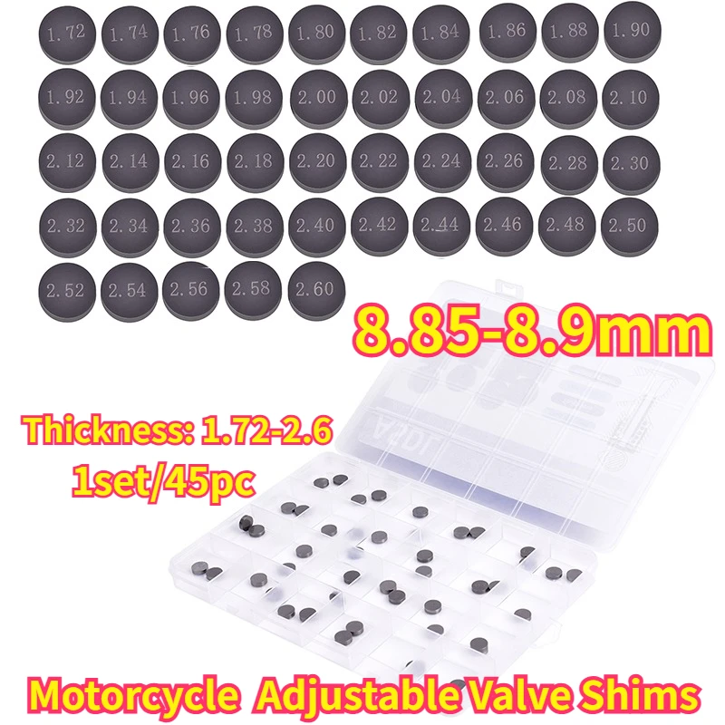 10pc 8.85-8.9 mm Thickness 1.72mm-2.6mm Motorcycle Adjustable Valve Pad Shims Valve Shim Kit For KT/M 250 350 450 505 SX-F XC-F
10pc 8.85-8.9 mm Thickness 1.72mm-2.6mm Motorcycle Adjustable Valve Pad Shims Valve Shim Kit For KT/M 250 350 450 505 SX-F XC-F