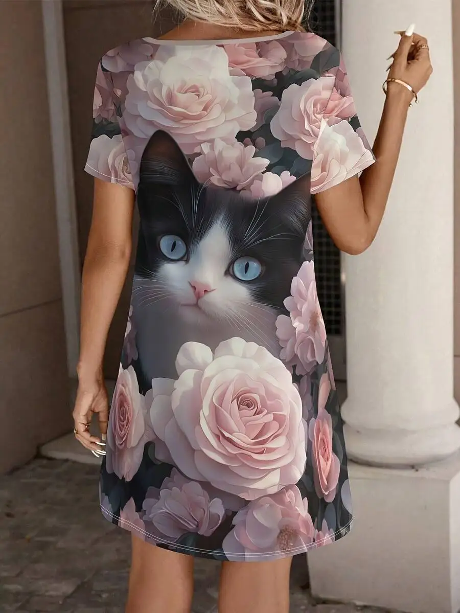 Womens Summer Casual Short Sleeve Dress With 3D Cat And Floral Print Round Neck
Womens Summer Casual Short Sleeve Dress With 3D Cat And Floral Print Round Neck