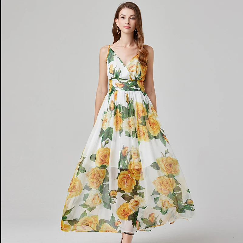 Runway Summer Holiday Maxi Dress Women Floral Printed Spaghetti Straps V-Neck Backless Vacation Beach Chiffon Long Dress
Runway Summer Holiday Maxi Dress Women Floral Printed Spaghetti Straps V-Neck Backless Vacation Beach Chiffon Long Dress